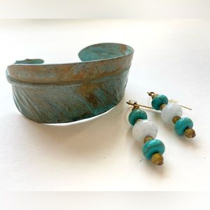 Patinated Green/Bronze Cuff and Beaded Earring Set